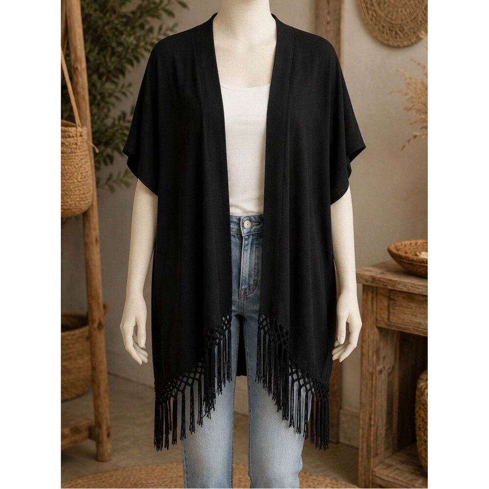 I.N. Studio Black‎ Komono Short Sleeve Open Front Top Large